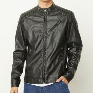 BEARCLIFF Men's Full-Zip Faux Leather Jacket Size M In Black